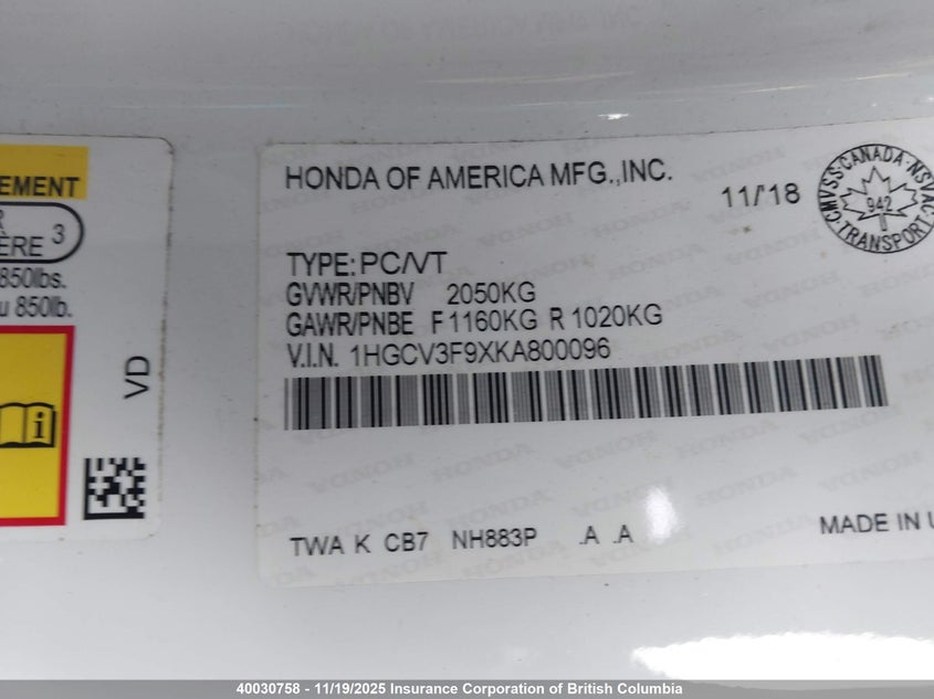 1HGCV3F9XKA800096 2019 HONDA ACCORD photo no. 9