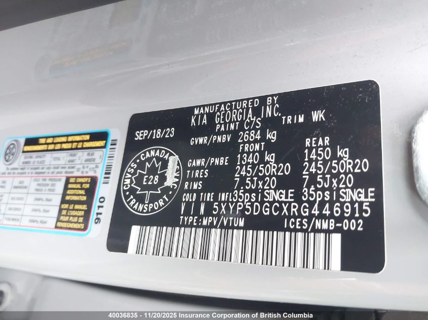 2024 Kia Telluride Sx/Sx Limited/X-Line/X-Pro VIN: 5XYP5DGCXRG446915 Lot: 40036835