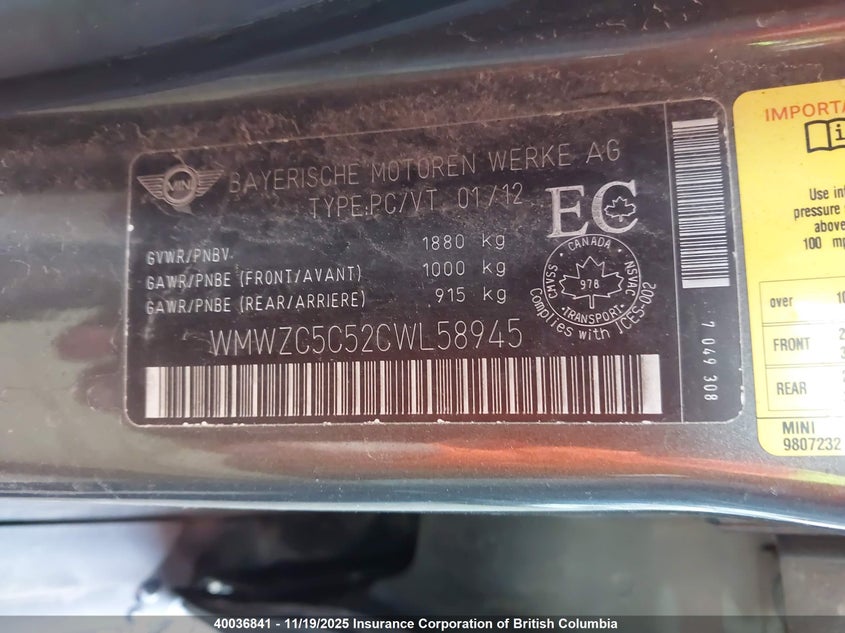 2012 Mini Cooper S Countryman VIN: WMWZC5C52CWL58945 Lot: 40036841