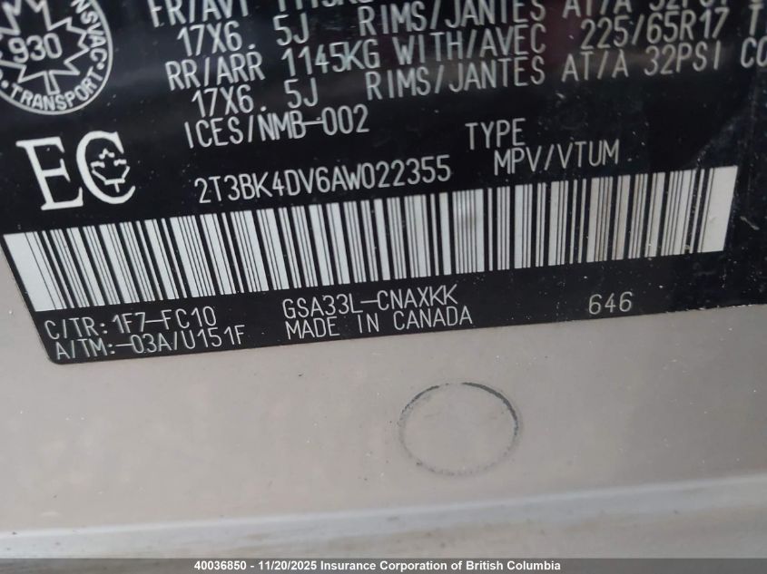 2010 Toyota Rav4 VIN: 2T3BK4DV6AW022355 Lot: 40036850