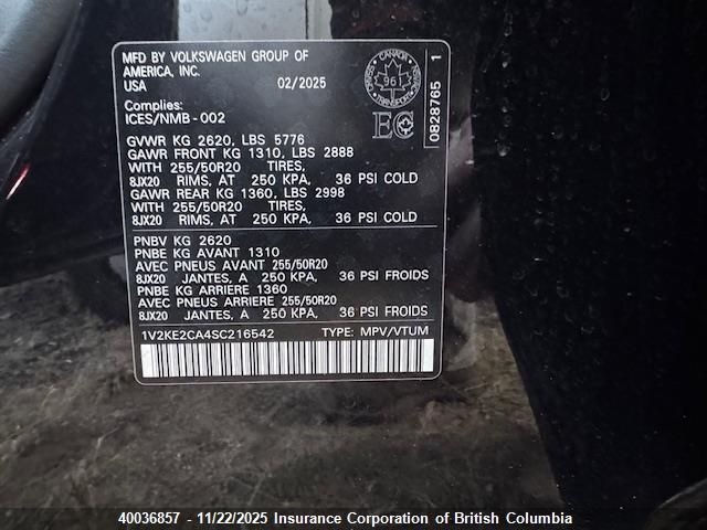 2025 Volkswagen Atlas VIN: 1V2KE2CA4SC216542 Lot: 40036857