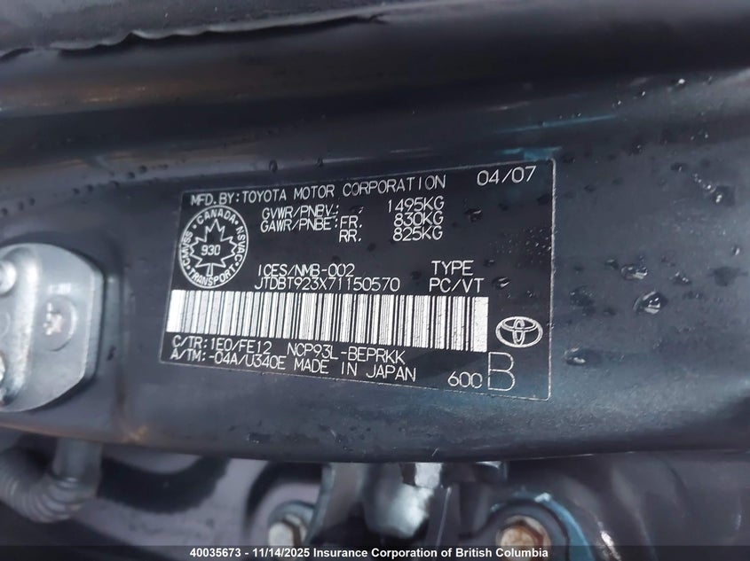 2007 Toyota Yaris VIN: JTDBT923X71150570 Lot: 40035673