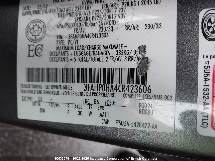 2012 Ford Fusion Se VIN: 3FAHP0HA4CR423606 Lot: 40033078