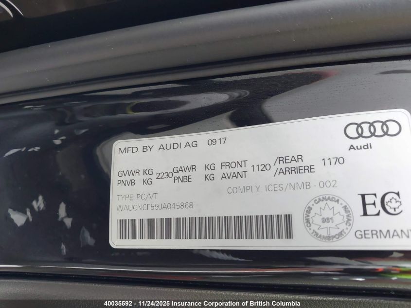 2018 Audi A5 Prestige VIN: WAUCNCF59JA045868 Lot: 40035592