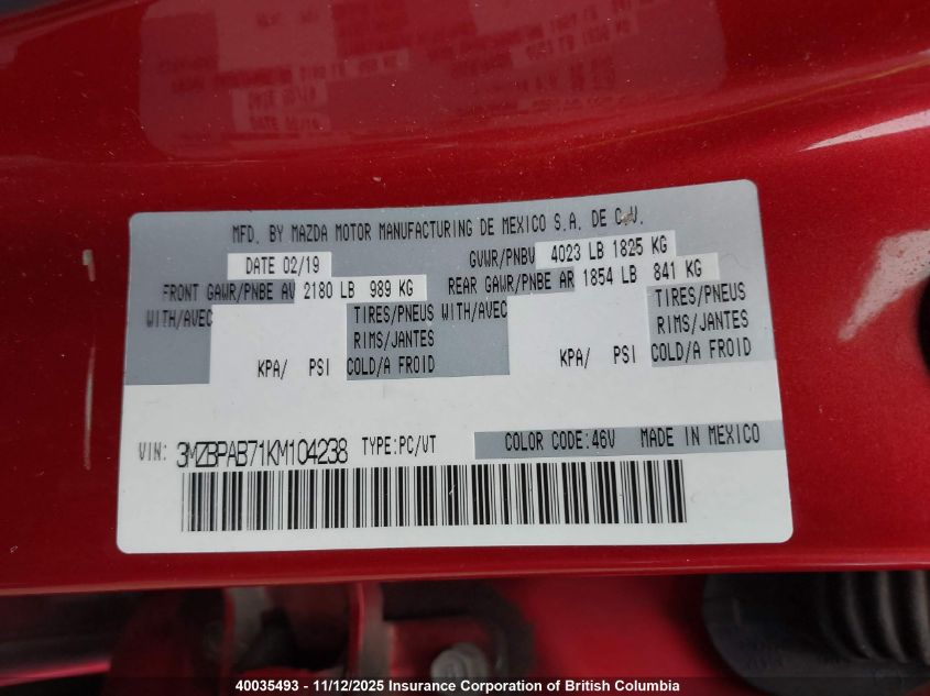 2019 Mazda 3 VIN: 3MZBPAB71KM104238 Lot: 40035493