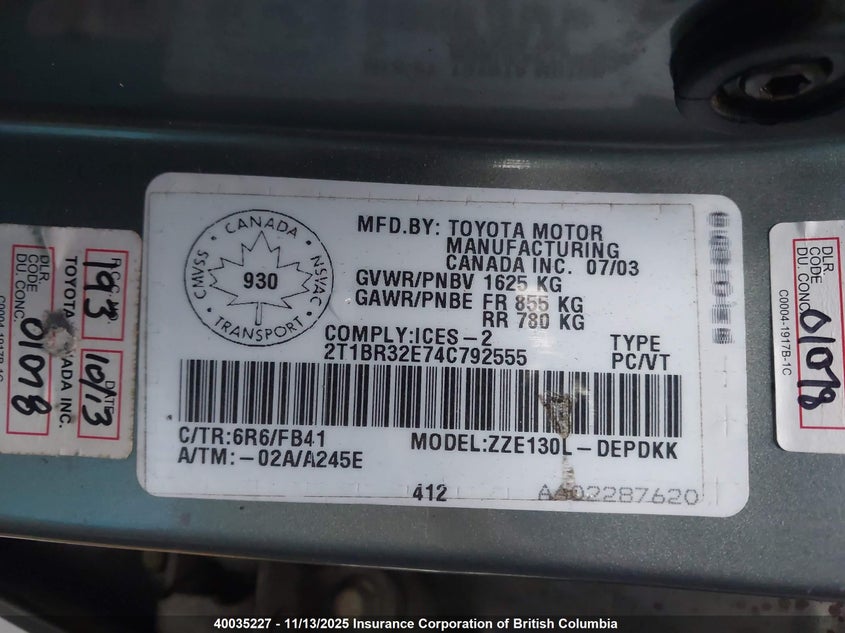 2004 Toyota Corolla Ce/Le/S VIN: 2T1BR32E74C792555 Lot: 40035227