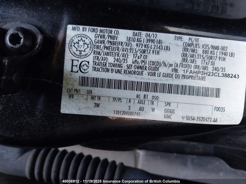 1FAHP3H23CL388243 2012 FORD FOCUS photo no. 9
