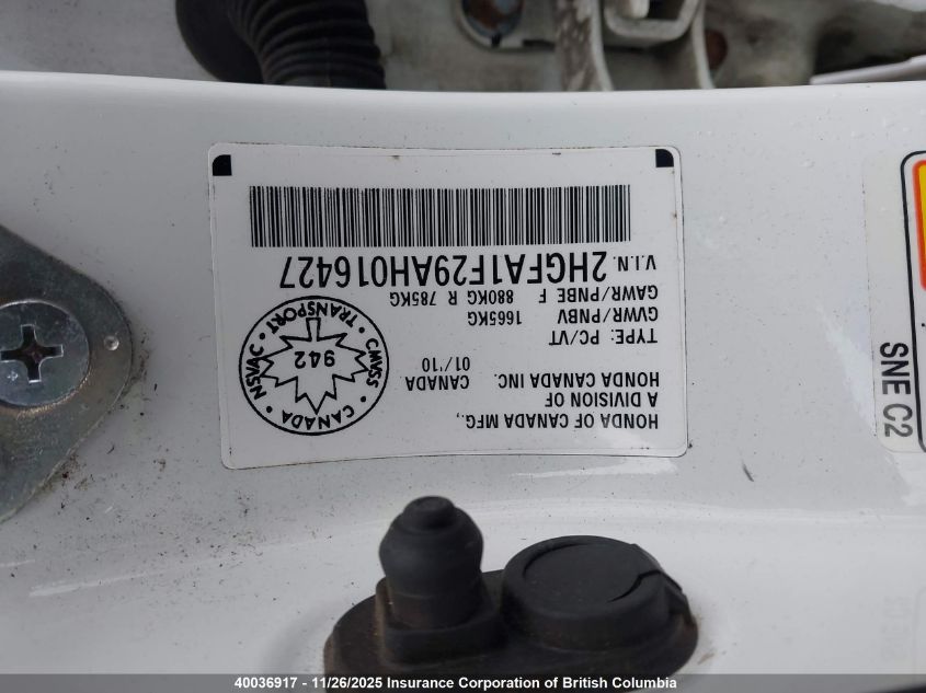 2010 Honda Civic VIN: 2HGFA1F29AH016427 Lot: 40036917