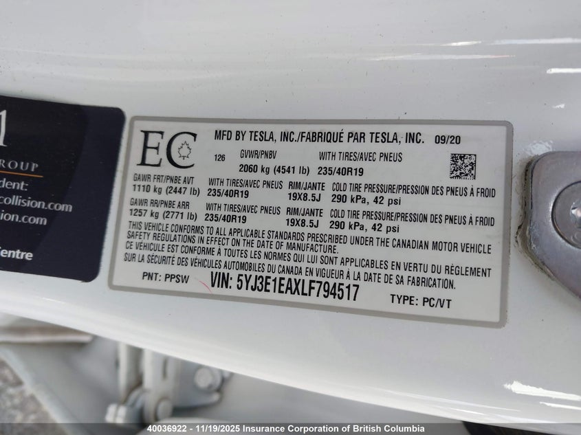 5YJ3E1EAXLF794517 2020 TESLA MODEL 3 photo no. 9
