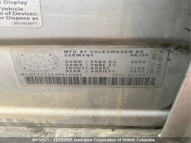 2007 Volkswagen Passat 2.0T Luxury Leather VIN: WVWEK93C87P013364 Lot: 40036923