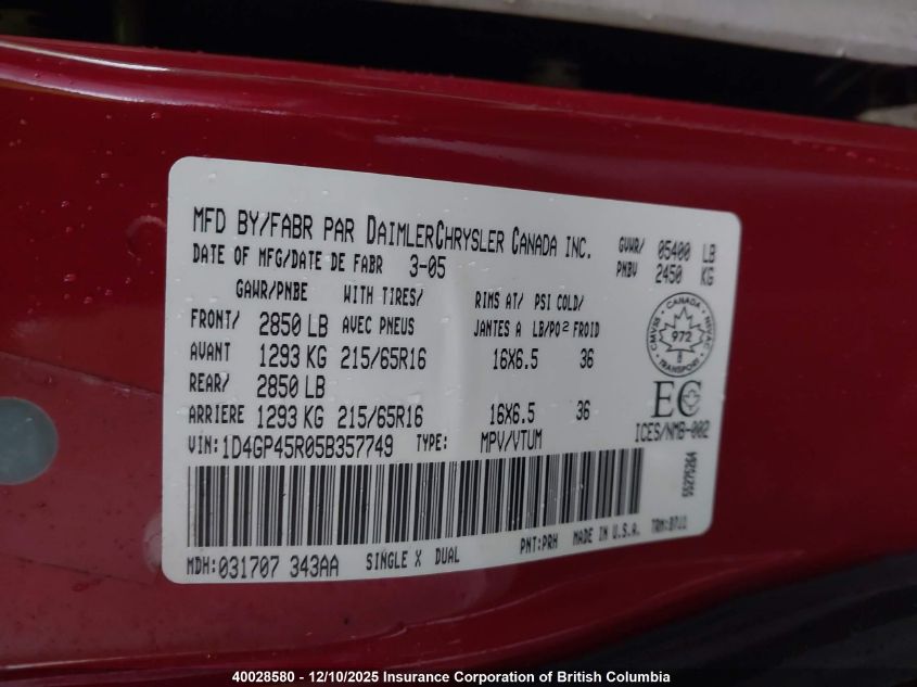 2005 Dodge Caravan Sxt VIN: 1D4GP45R05B357749 Lot: 40028580