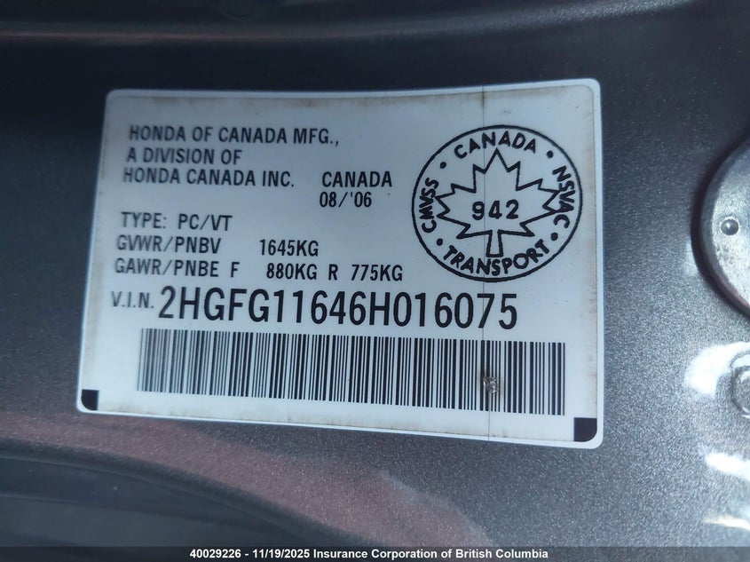 2HGFG11646H016075 2006 HONDA CIVIC photo no. 9