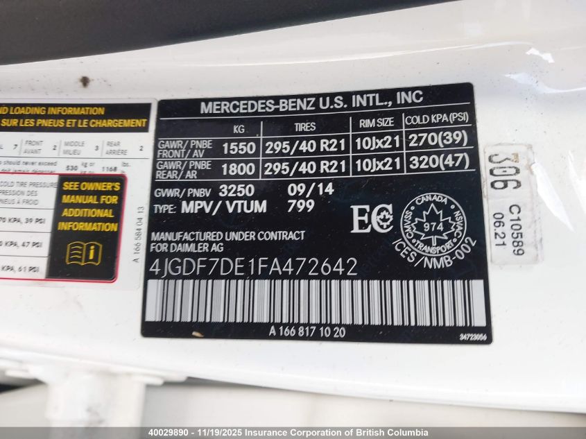 2015 Mercedes-Benz Gl 550 4Matic VIN: 4JGDF7DE1FA472642 Lot: 40029890