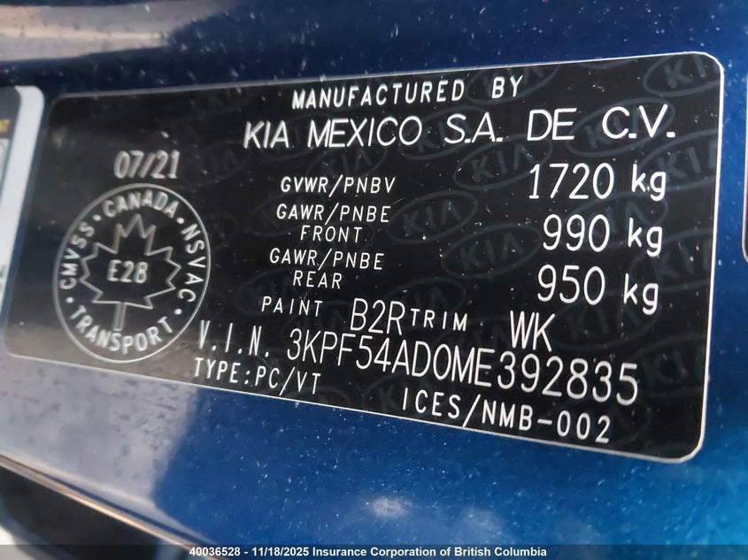 2021 Kia Forte Ex VIN: 3KPF54AD0ME392835 Lot: 40036528