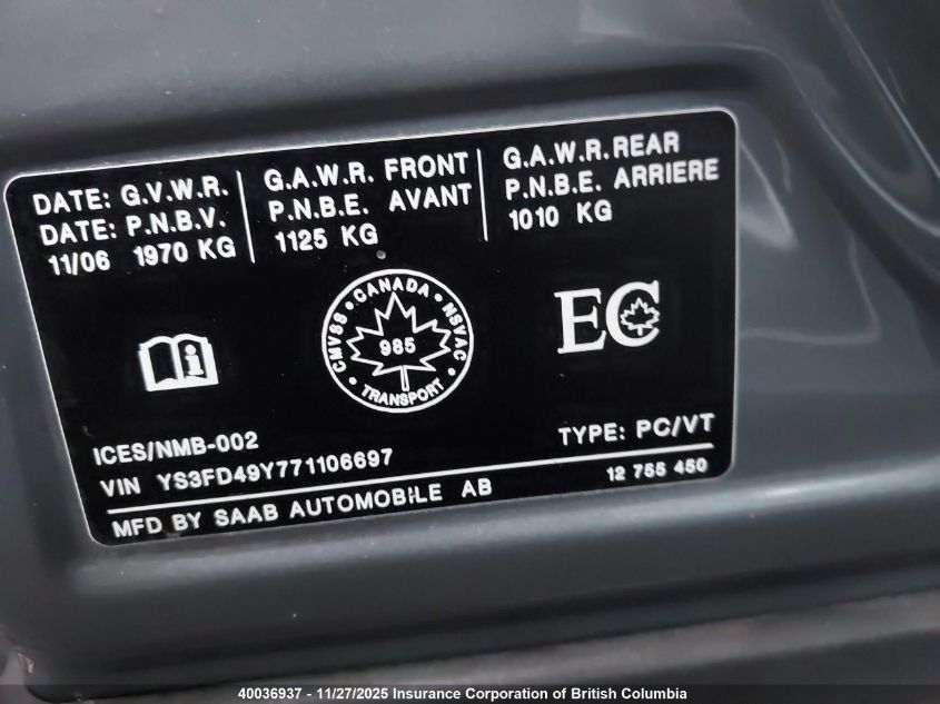 2007 Saab 9-3 2.0T VIN: YS3FD49Y771106697 Lot: 40036937