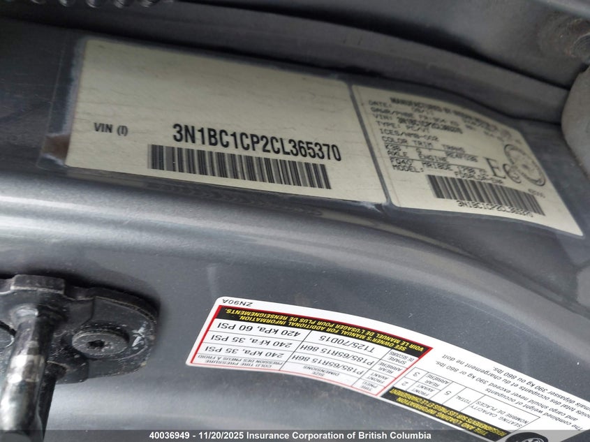 2012 Nissan Versa VIN: 3N1BC1CP2CL365370 Lot: 40036949