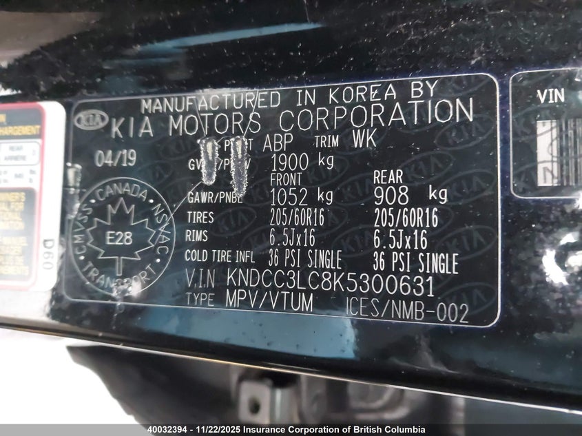 2019 Kia Niro Ex/Touring S VIN: KNDCC3LC8K5300631 Lot: 40032394