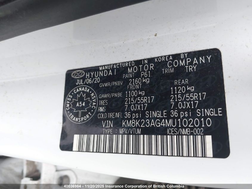 2021 Hyundai Kona VIN: KM8K23AG4MU102010 Lot: 40036984