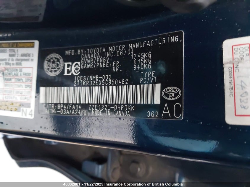 2005 Toyota Corolla Matrix Xr VIN: 2T1KR32EX5C850482 Lot: 40032801