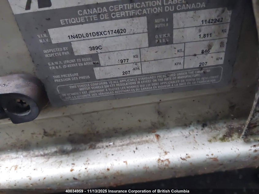 1999 Nissan Altima Xe/Gxe/Se/Gle VIN: 1N4DL01D8XC174620 Lot: 40034959