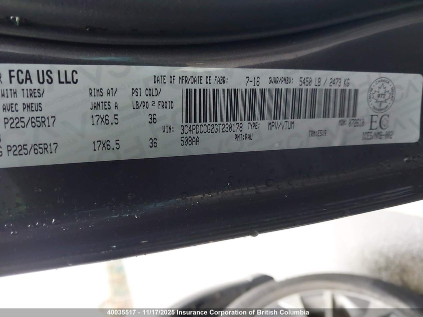 2016 Dodge Journey Sxt/Limited VIN: 3C4PDCCG2GT230178 Lot: 40035517