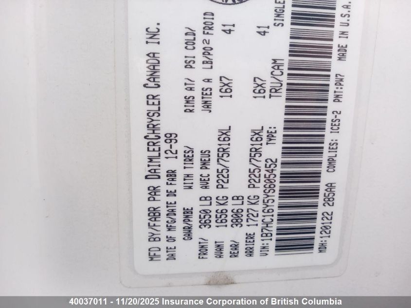 2000 Dodge Ram 1500 VIN: 1B7HC16Y5YS605452 Lot: 40037011