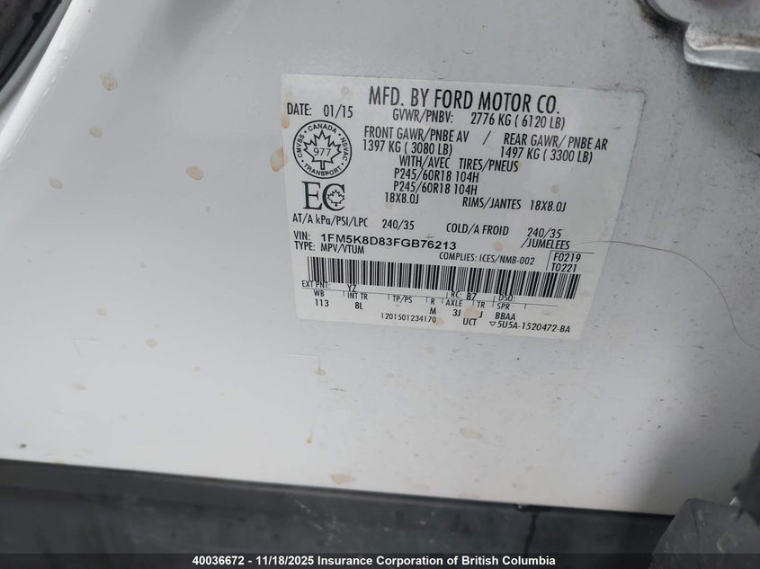 2015 Ford Explorer Xlt VIN: 1FM5K8D83FGB76213 Lot: 40036672