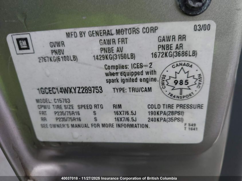 2000 Chevrolet Silverado C1500 VIN: 1GCEC14WXYZ289753 Lot: 40037018