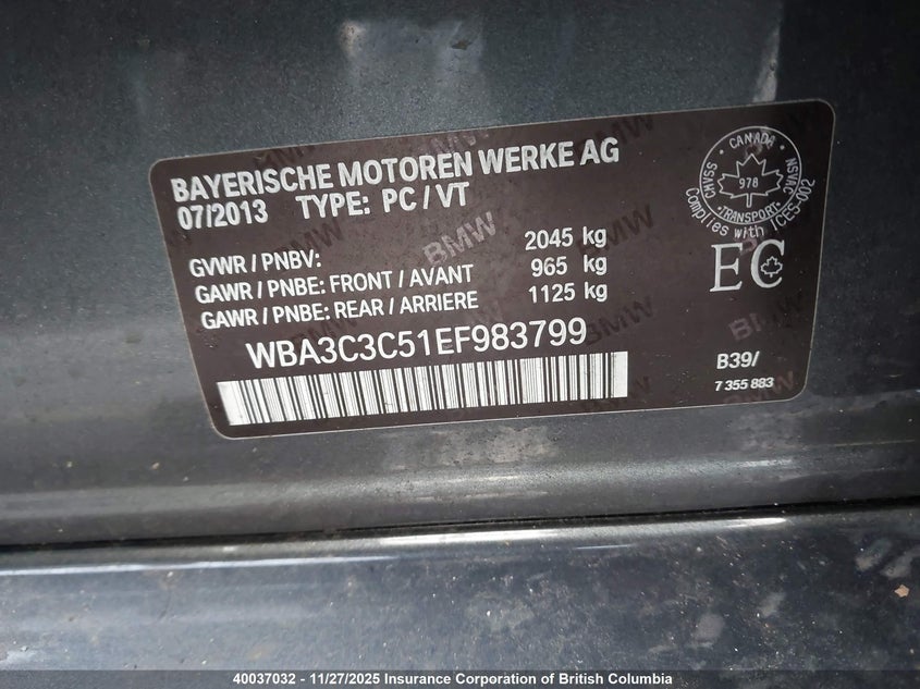 2014 BMW 320I VIN: WBA3C3C51EF983799 Lot: 40037032