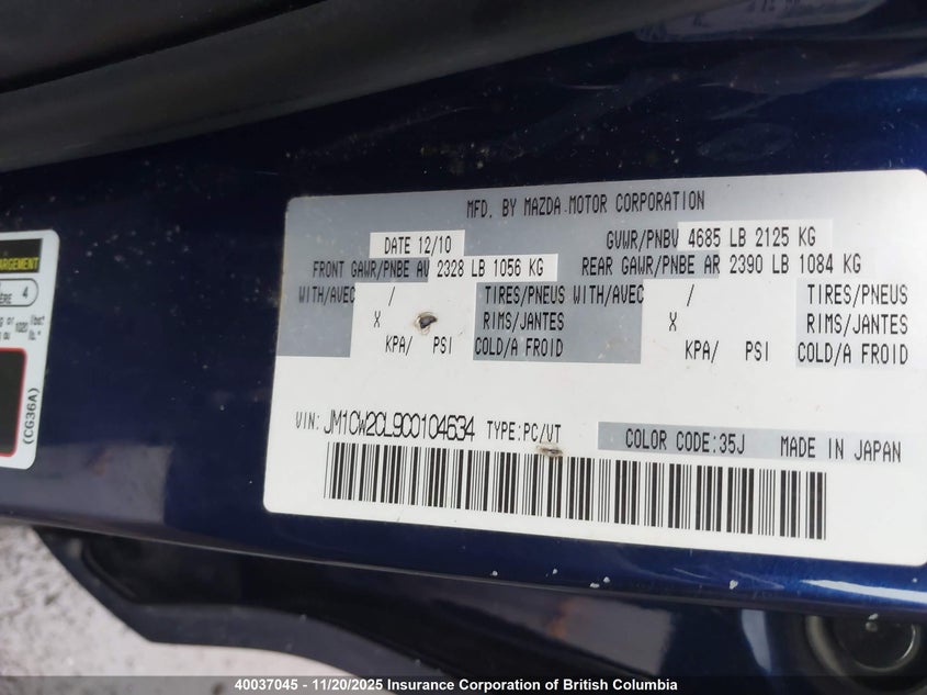 2012 Mazda 5 VIN: JM1CW2CL9C0104634 Lot: 40037045