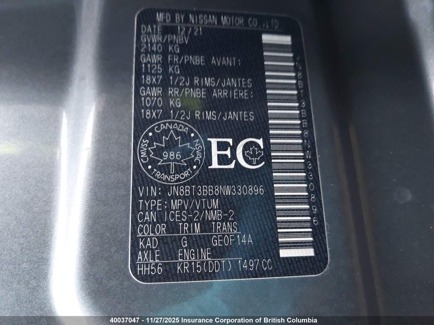 2022 Nissan Rogue VIN: JN8BT3BB8NW330896 Lot: 40037047