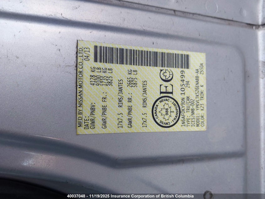 1N6AF0KY9DN105499 2013 NISSAN NV photo no. 9