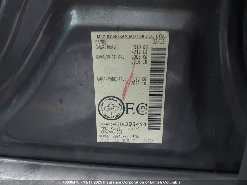 2015 Nissan Altima 2.5/S/Sv/Sl VIN: 1N4AL3AP2FN395454 Lot: 40036470