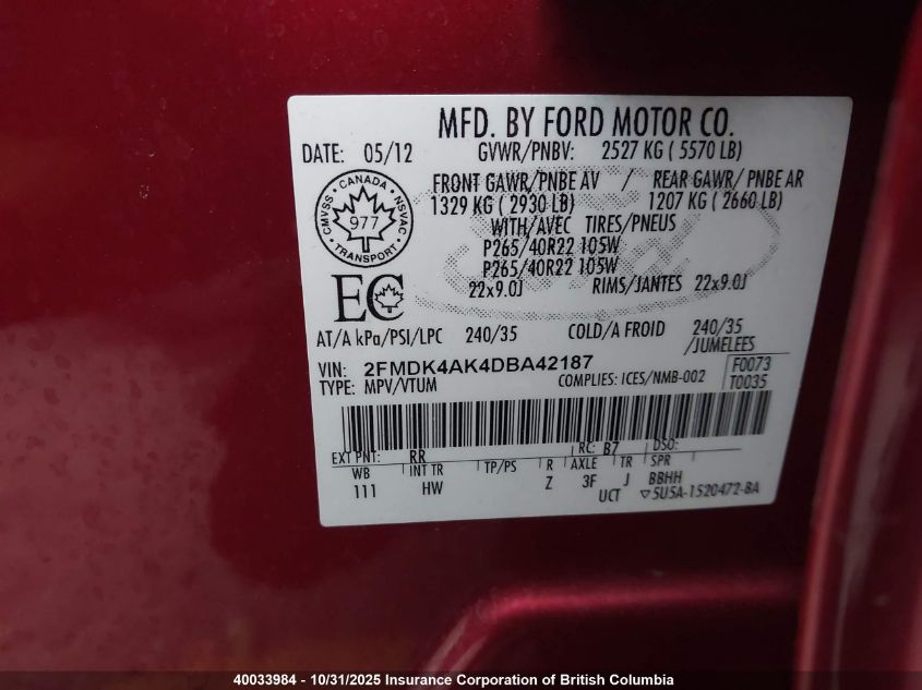 2013 Ford Edge Sport VIN: 2FMDK4AK4DBA42187 Lot: 40033984