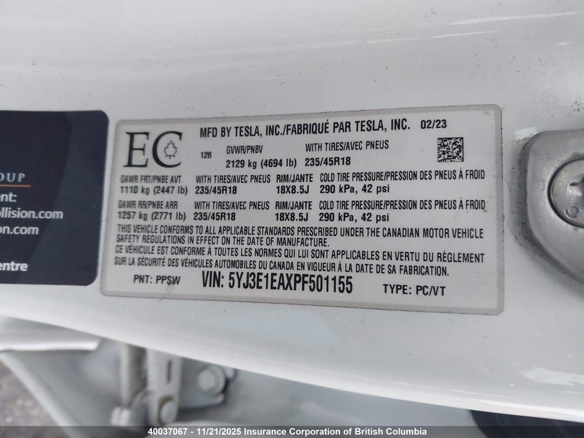 2023 Tesla Model 3 VIN: 5YJ3E1EAXPF501155 Lot: 40037067