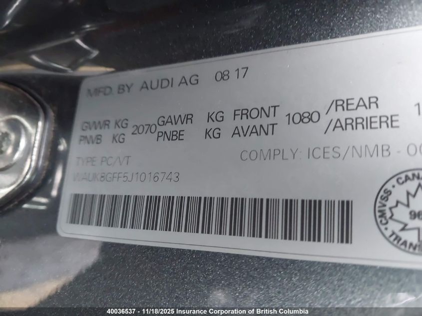 2018 Audi A3 Prestige VIN: WAUK8GFF5J1016743 Lot: 40036537