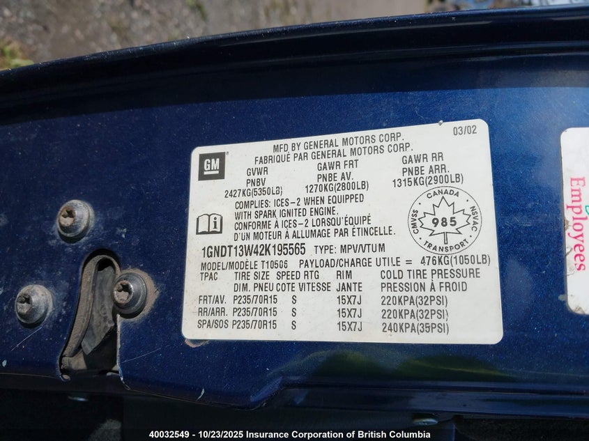 2002 Chevrolet Blazer VIN: 1GNDT13W42K195565 Lot: 40032549