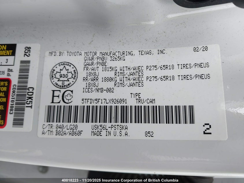 5TFDY5F17LX926091 2020 TOYOTA TUNDRA photo no. 9