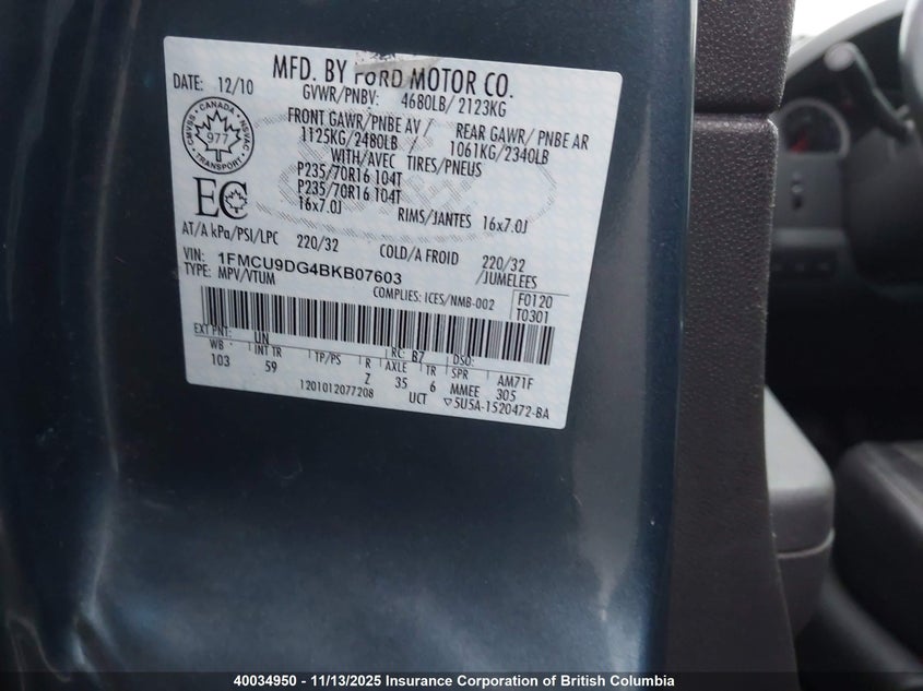 1FMCU9DG4BKB07603 2011 FORD ESCAPE photo no. 9