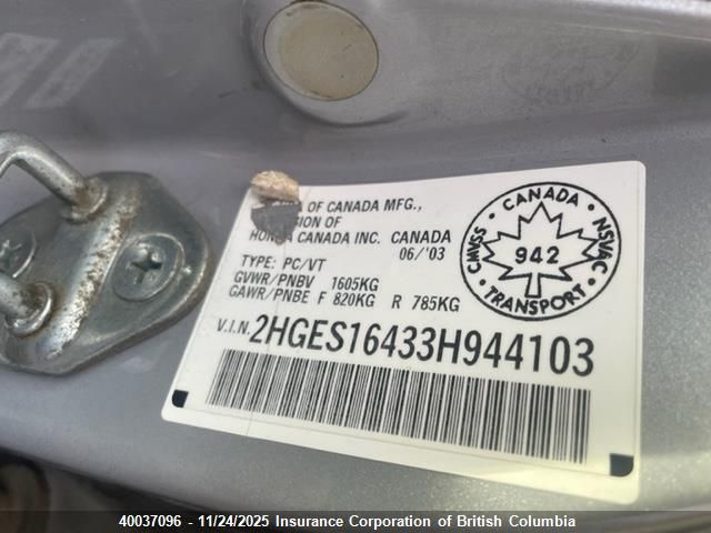 2003 Honda Civic VIN: 2HGES16433H944103 Lot: 40037096