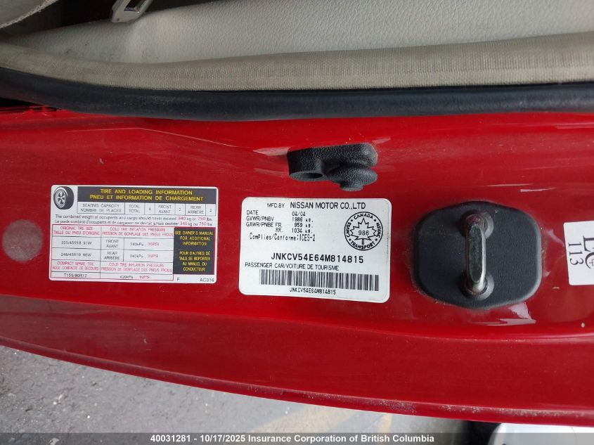 2004 Infiniti G35 VIN: JNKCV54E64M814815 Lot: 40031281