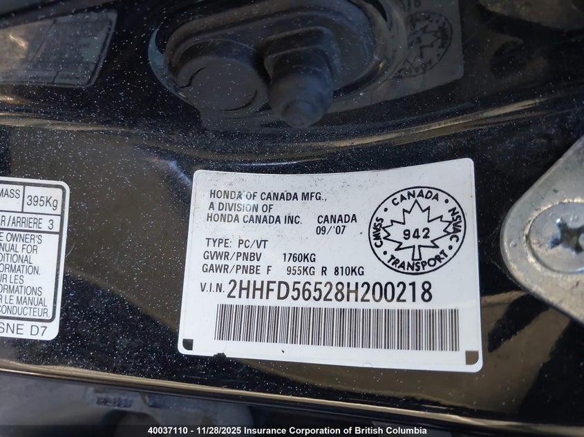 2008 Acura Csx VIN: 2HHFD56528H200218 Lot: 40037110