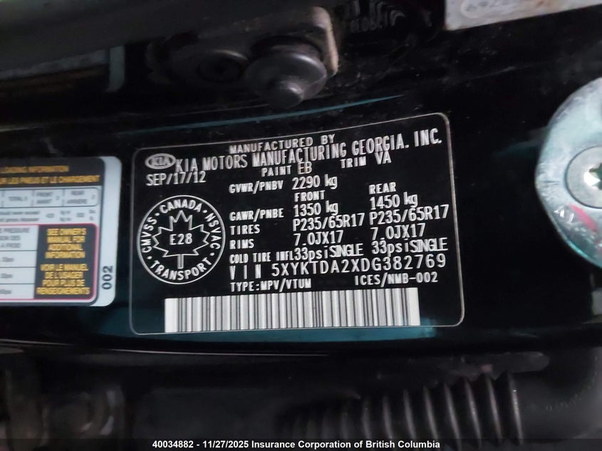 2013 Kia Sorento Lx VIN: 5XYKTDA2XDG382769 Lot: 40034882