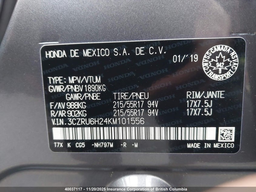 3CZRU6H24KM101556 2019 HONDA HR-V photo no. 9