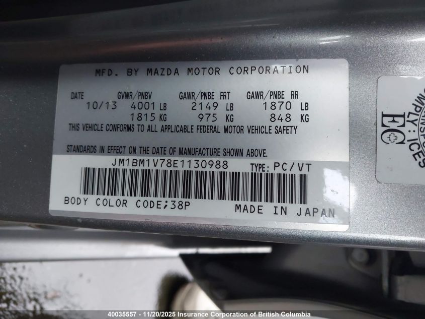 2014 Mazda 3 Touring VIN: JM1BM1V78E1130988 Lot: 40035557