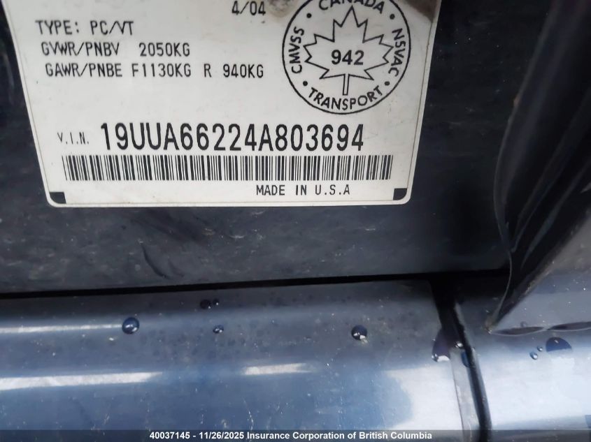 2004 Acura 3.2Tl VIN: 19UUA66224A803694 Lot: 40037145