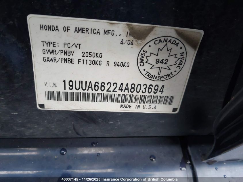 2004 Acura 3.2Tl VIN: 19UUA66224A803694 Lot: 40037145