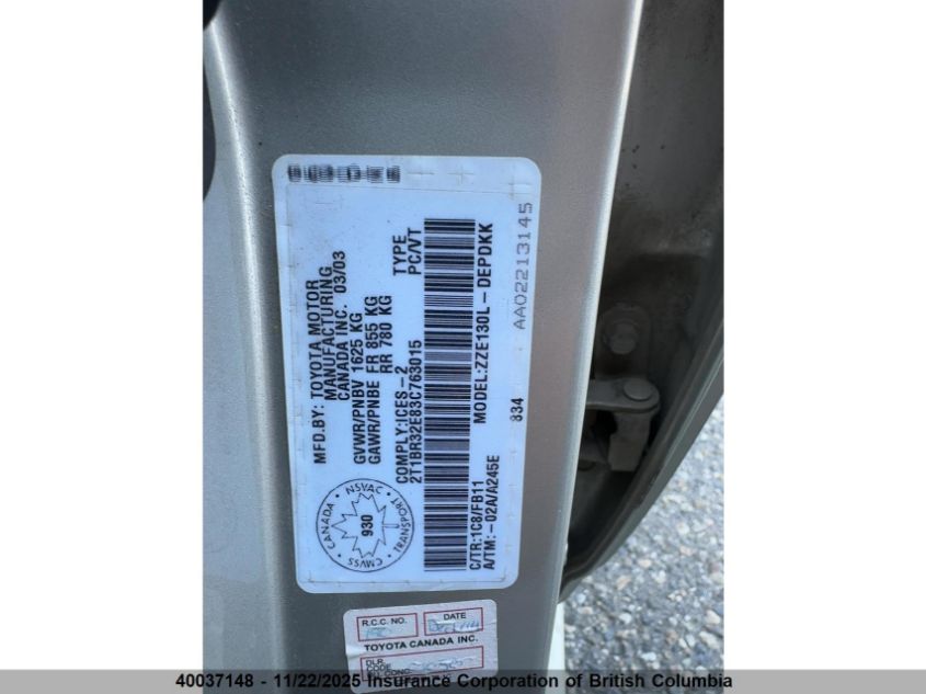 2003 Toyota Corolla Ce/Le/S VIN: 2T1BR32E83C763015 Lot: 40037148