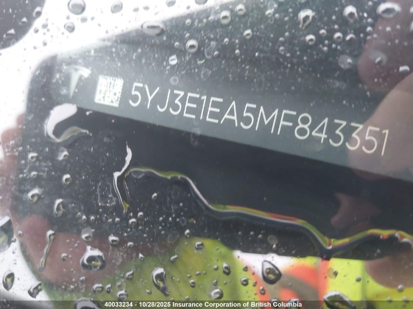 2021 Tesla Model 3 VIN: 5YJ3E1EA5MF843351 Lot: 40033234