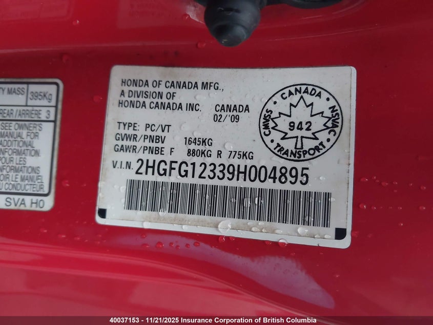 2HGFG12339H004895 2009 HONDA CIVIC photo no. 9